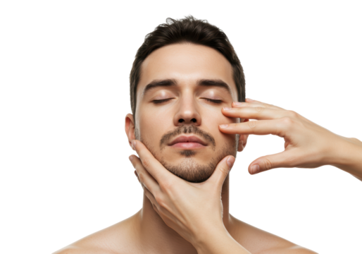 Isolated handsome man with eyes closed receiving a facial treatment, skincare session