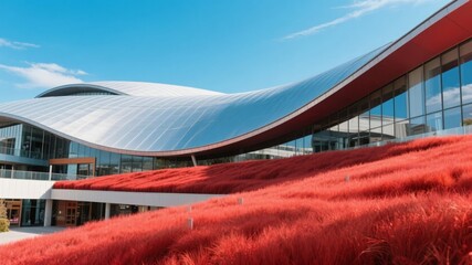 Modern building with curved roof and red grass landscape under clear blue sky