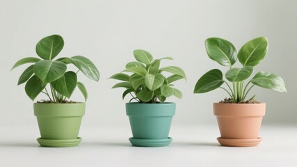 Three potted indoor plants in colorful containers arranged in a row on a white surface