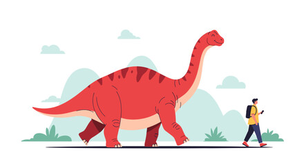 Naklejka premium Giant Red Dinosaur Walks Beside a Person with a Backpack.
