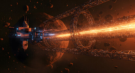 Spaceship near asteroid field and glowing space station ring asteroids