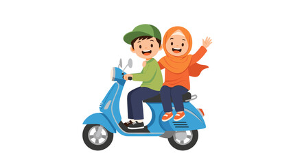 Happy Muslim couple riding a blue scooter together.