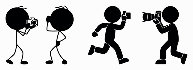 Stickman photographer icon vector set – simple human figures holding cameras, taking photos, capturing moments, creative photography design element