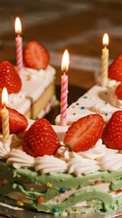 A decorated birthday cake with lit candles, strawberries, and colorful frosting