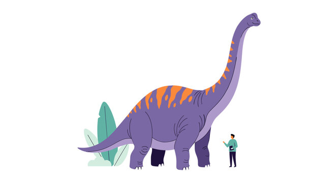 A giant purple dinosaur stands next to a small person.
