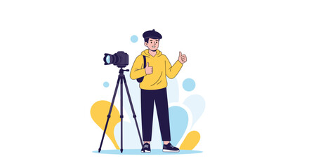 Young man filming with a professional camera on a tripod.