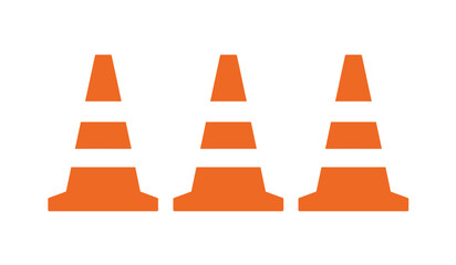 Three orange traffic cones arranged in a row for road safety construction and traffic control purposes isolated. isolated on white background