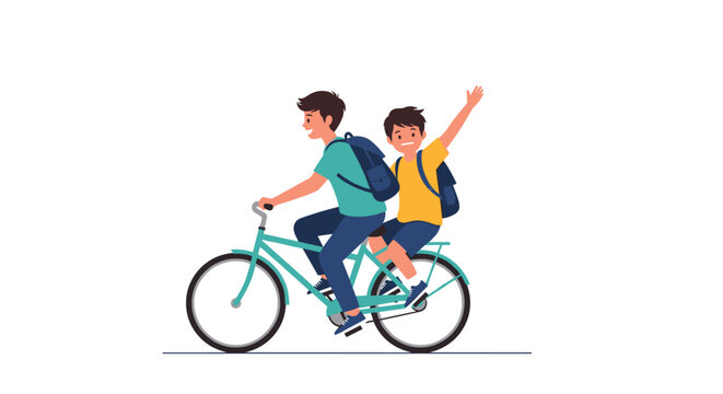 Two boys riding a bicycle together with backpacks.