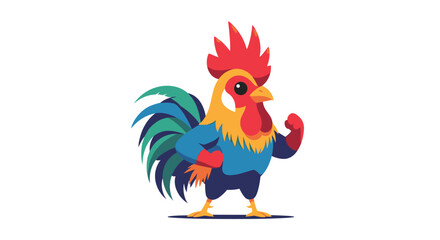 Cartoon Rooster Standing Strong with Flexed Arm.