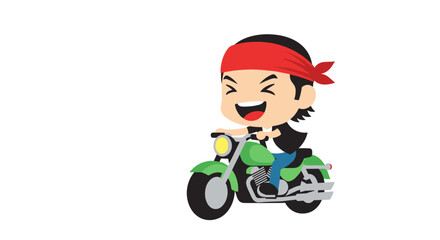 Cartoon man riding a green motorcycle with red bandana.