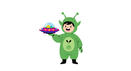 Child in a cute green alien costume holding a UFO toy.