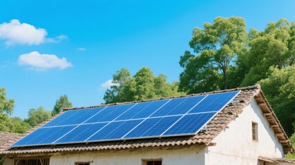 Solar panels installed on the roof of a rural house surrounded by green trees under a clear blue sky