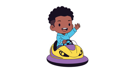 Happy young boy waving while riding a bumper car.
