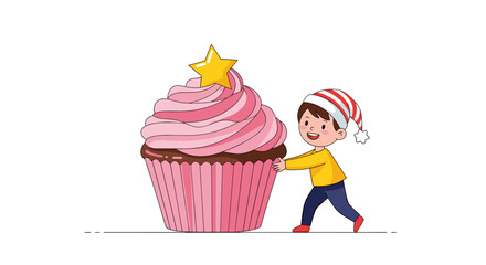 Cute cartoon boy pushing a giant cupcake with a star on top.