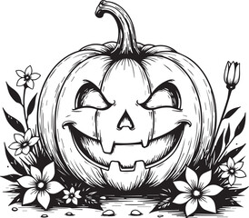 Spooky pumpkin carving: A meticulously drawn Halloween-themed illustration of a grinning pumpkin carving, emanating an eerie charm and surrounded by delicate florals. 