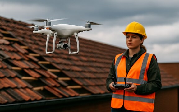 White quadcopter drone inspecting storm-damaged roof with female inspector operating remote control