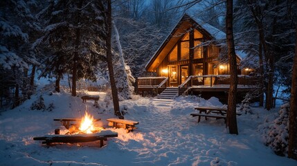 a warmly lit a-frame cabin nestled in a snowy forest features a crackling campfire and inviting outdoor seating under a dark winter sky.