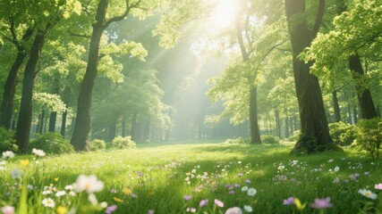 Sunlight filtering through tall trees in a vibrant green forest meadow filled with wildflowers