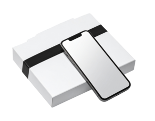 Close-up of a sleek smartphone lying diagonally on a minimalist white gift box with