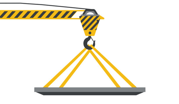 Heavy duty crane hook lifting industrial construction material load with yellow straps and safety stripes isolated on white background