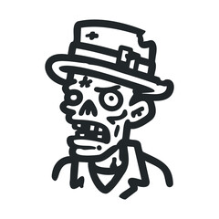 Creepy zombie with a hat for Halloween decorations or designs. Vector line illustration