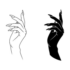 Outline and solid black vector of female hands with long nails