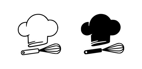 Outline and solid black vector logo of a chef hat with a whisk