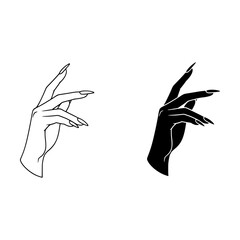 Outline and solid black vector of female hands with long nails