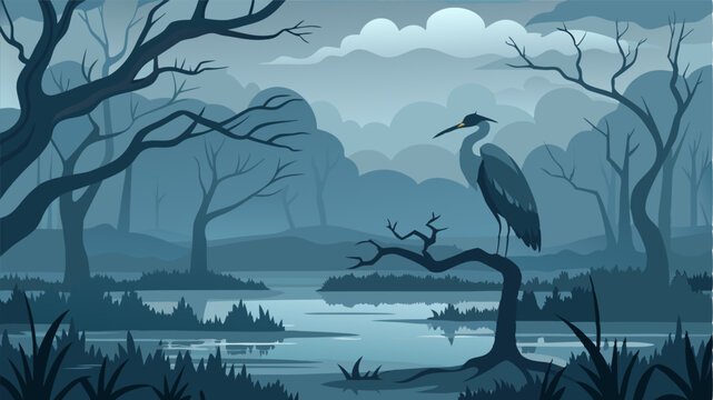 In the distance the silhouette of a lone heron can be seen perched upon a gnarled tree branch adding to the overall intrigue of the misty swamp.