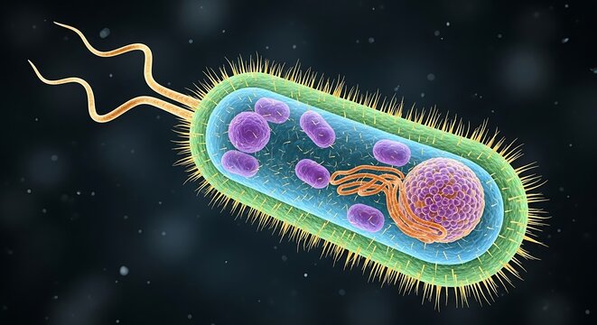 Microscopic view of a bacterium with flagella.