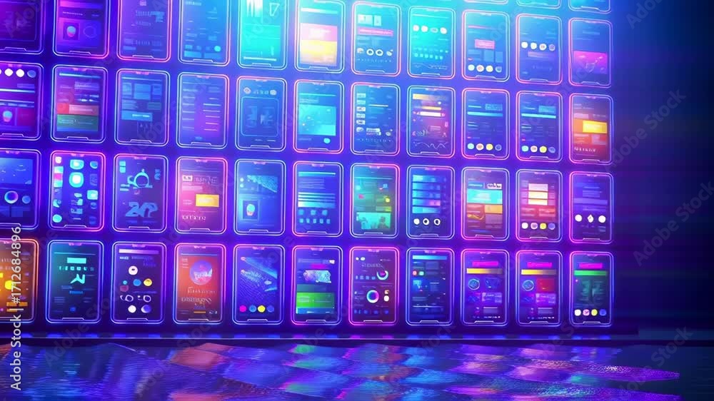 Fototapete multiple smartphone screens displaying colorful digital interfaces with graphs, charts, and data vis