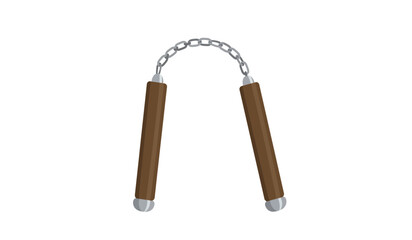 Martial arts training tool nunchaku with wooden handles and metal chain isolated on for combat sports and self defense isolated on white background
