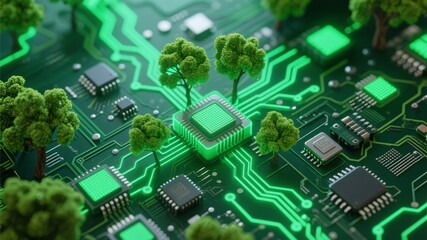 Circuit board with green trees growing on electronic components, symbolizing technology and nature integration