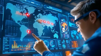 Young professional in blue attire and augmented reality glasses analyzing global data visualization. Multiple digital screens displaying world map, statistical graphs, connection points - Powered by Adobe
