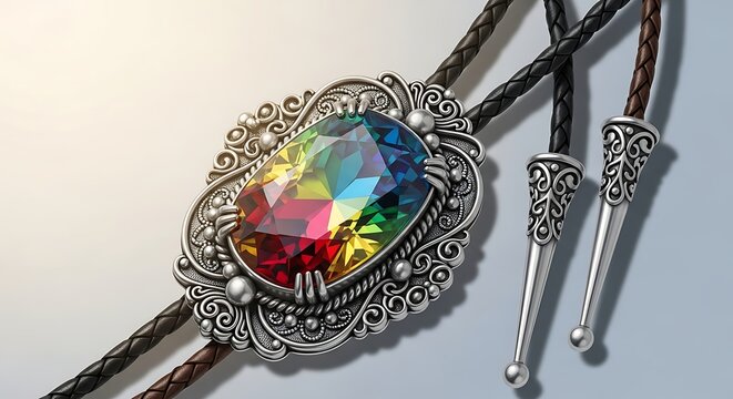 Rainbow Gemstone Bolo Tie with Filigree Silver Design.