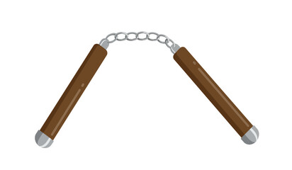 Traditional nunchaku martial arts weapon with wooden handles and metal chain connector for combat training and self-defense isolated on white background