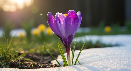 Purple Crocus Blooming Through Snow - A Springtime Awakening.