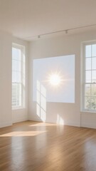 Bright minimalist room with sunlight streaming through windows onto wooden floor and white walls