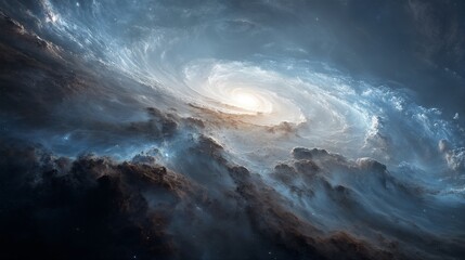 a swirling cosmic nebula with brilliant blue and golden hues illuminates the dark expanse of space, revealing intricate dust clouds and a bright central core.