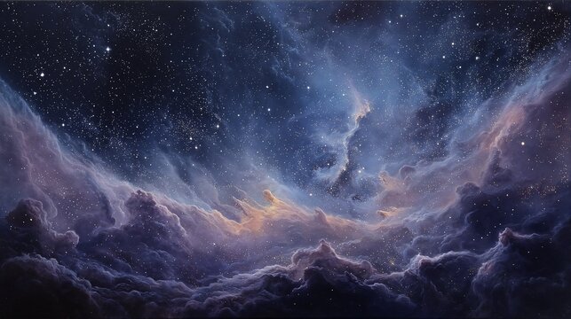 a vibrant and swirling cosmic nebula with deep purples, blues, and golden hues creates a breathtaking view of interstellar space.