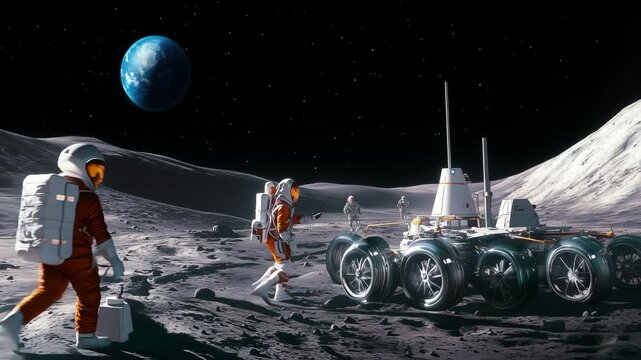 Astronauts in spacesuits exploring lunar terrain with rover, Earth visible in background, rocky moon landscape with mountain range, scientific exploration mission.