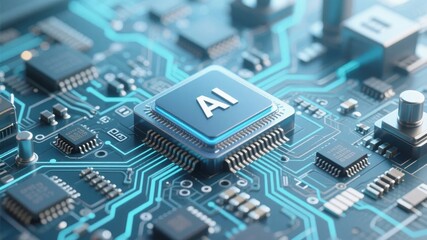 Close-up of an AI processor chip on a circuit board with illuminated blue pathways
