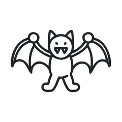 Cute bat character with big wings celebrating Halloween fun. Vector line illustration
