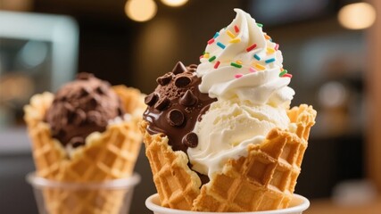 Two waffle cones filled with ice cream, one with chocolate and the other with vanilla topped with sprinkles