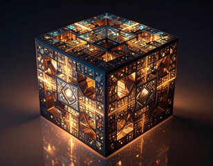 Intricate glowing fractal cube with complex geometric patterns and golden light.