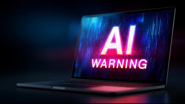 Laptop screen displays a vibrant AI warning message, showcasing a dynamic visual sequence with glowing text and digital effects, emphasizing the urgency of artificial intelligence alerts