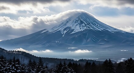 Majestic snow capped mountain peak under cloudy sky.