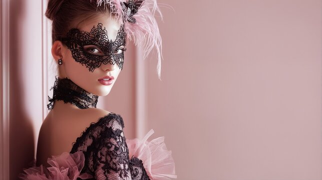 a captivating woman with intricate black lace mask and dress gazes alluringly at the viewer against a soft pink backdrop.