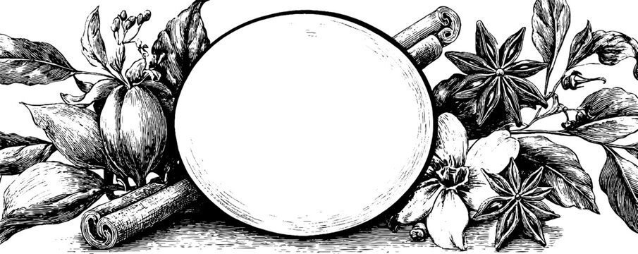 Vintage spice frame with aromatic herbs and cinnamon banner design for labels or decoration