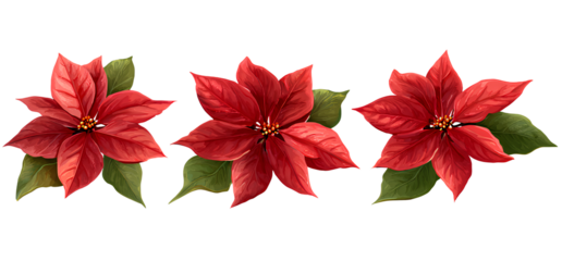 three poinsettia flowers, in a red color with green leaves, on a transparent background